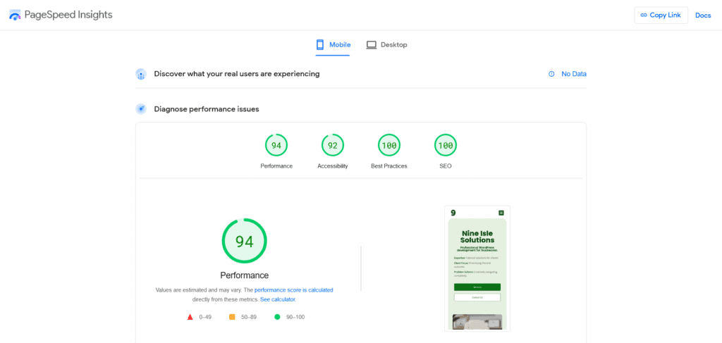 Mobile page speed results example.